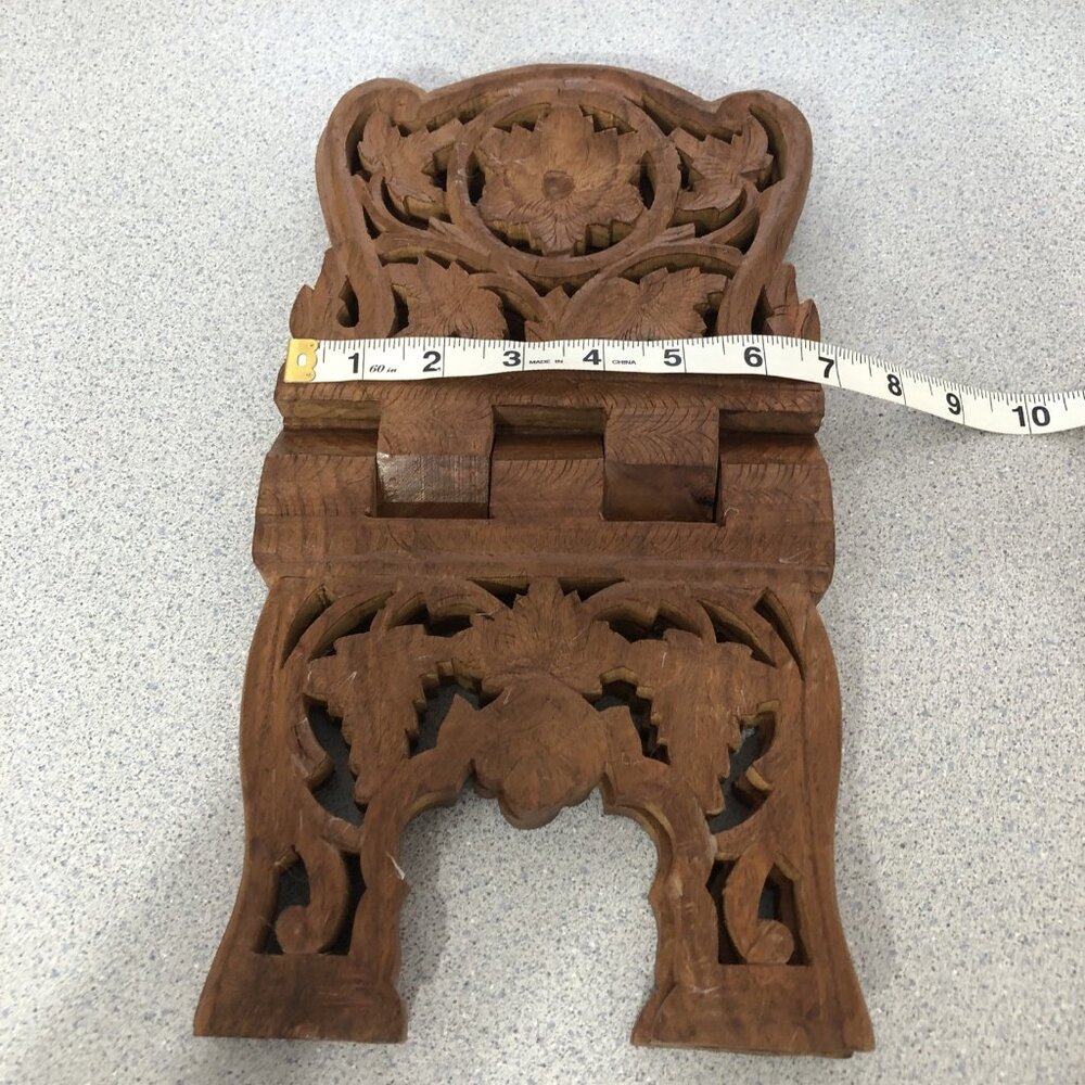 Vintage Teak Wood Book Holder Kitchen Stand Hand Carved Floral Leaf Design Foldi - Picture 8 of 9